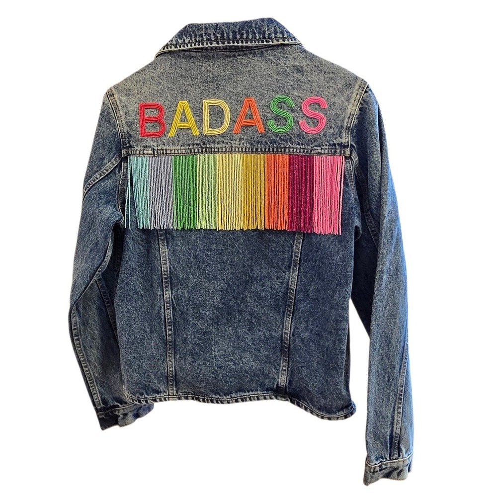 BADASS Rainbow Beaded Fringe Denim Jacket Washed Blue Western Festival Statement
